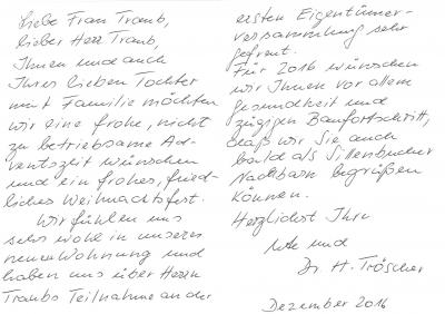 Abbildung der handschriftlichen Weihnachtspostkarte 2016 von Frau Ute T.