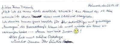 handschriftliche Dankeskarte von Herrn Günther K. nach Hausübergabe 2018