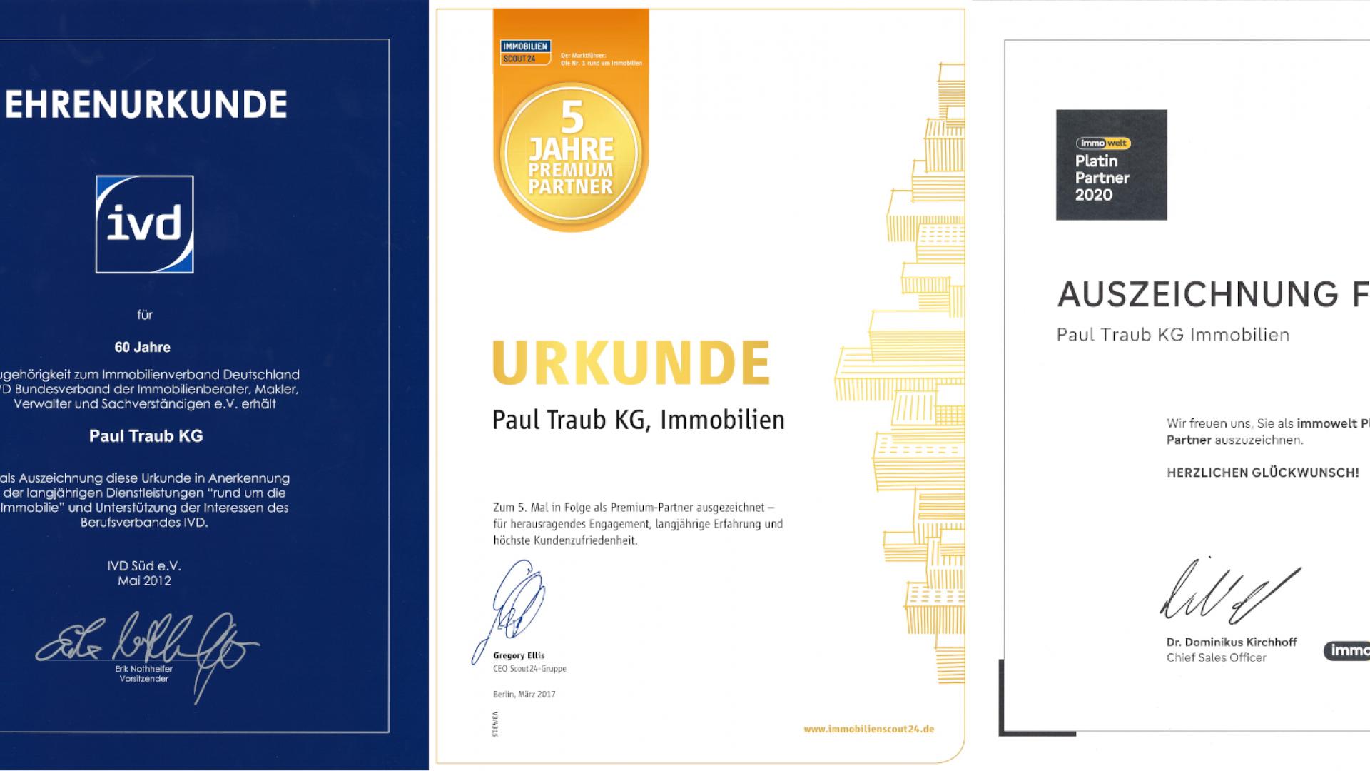 Collage verschiedener Urkunden, die uns in den letzten Jahren verliehen wurden. Unter anderem für 65 Jahe Mitgliedschaft im Immobilienverband Deutschland, Auszeichnung als Premium-Partner von Immowelt und zum 5. Mal in Folge als Premium-Partner von Immobilienscout24.de