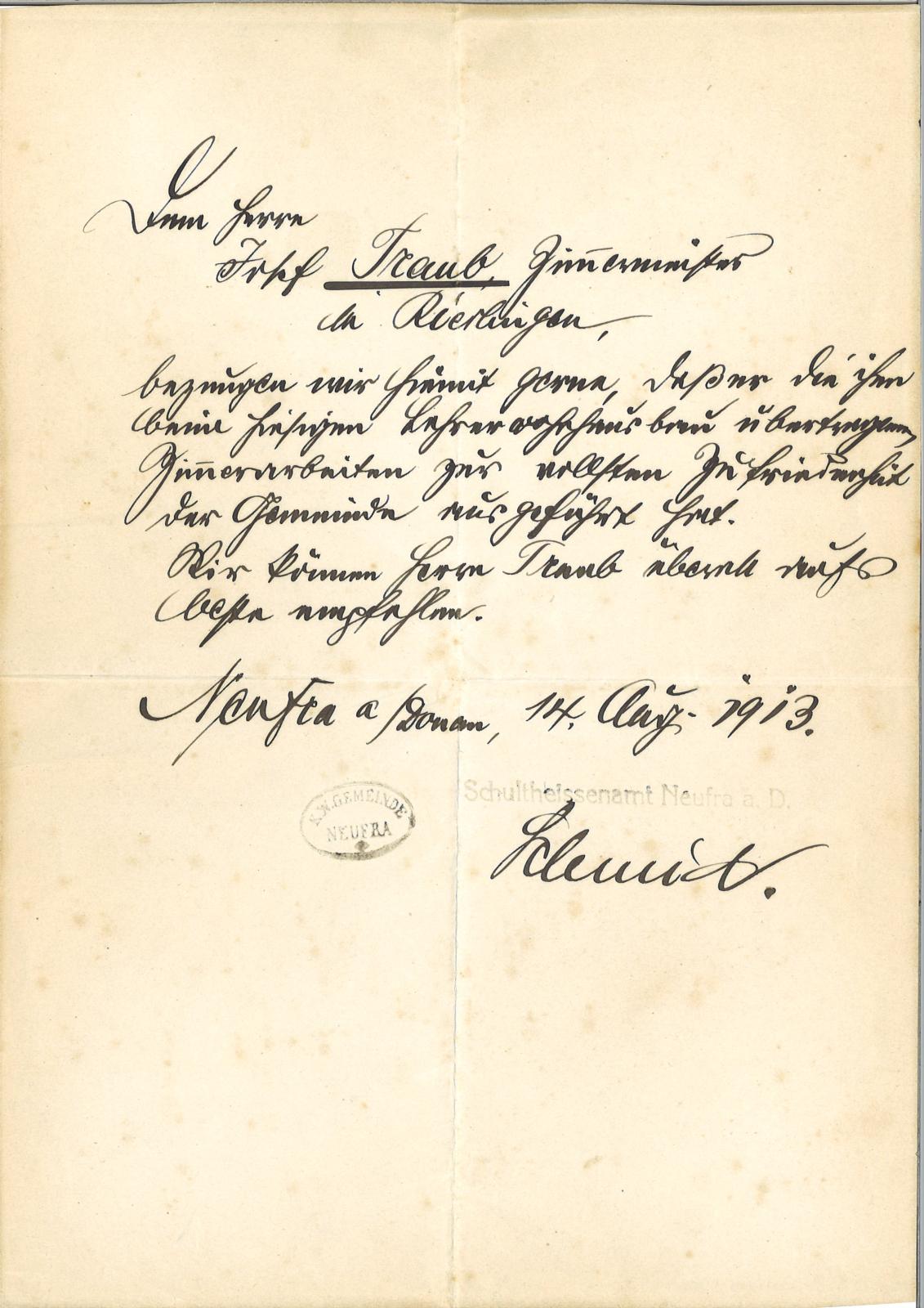 Abbildung eines Empfehlungsschreibens des Bürgermeisters von Neufra für den Zimmermeister Josef Traub aus Riedlingen aus dem Jahre 1913.